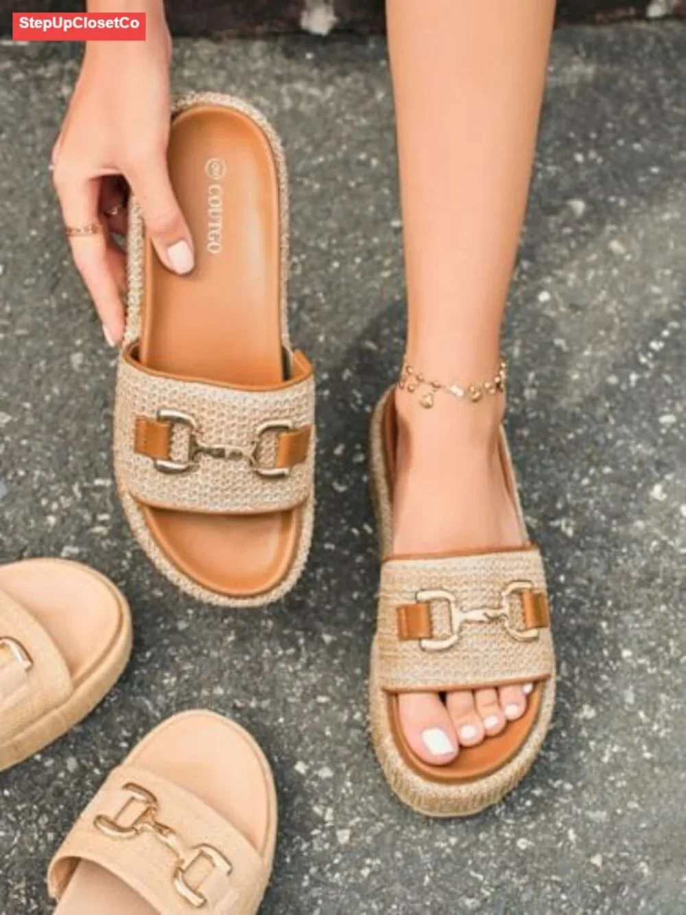 Raffia Platform Sandals with Metal Chain Espadrilles Slip On Summer Slides